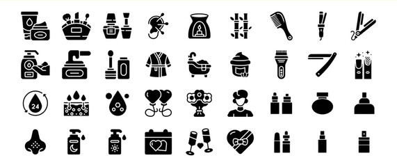 Black Glyph Icons Beauty Spa Collection of Skincare Bath Products