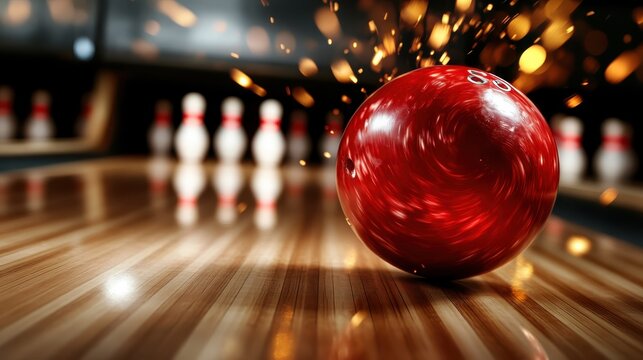 A vibrant red bowling ball in motion down a polished alley as it approaches the pins, encapsulating the thrill and excitement of the bowling sport.