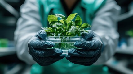 In this image, a scientist in a lab coat holds a pot of fresh mint, emphasizing the importance of herbal studies and the connection between nature and science in research.