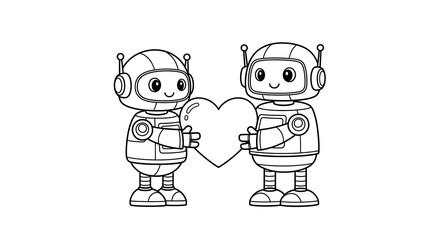 Fototapeta premium Cute robot couple holding heart coloring page vector illustration for kids and adults on transparent background