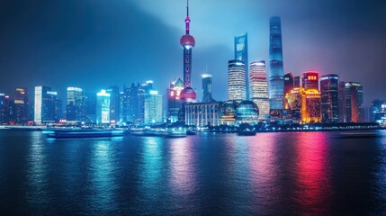 Obraz premium A stunning view of the illuminated Shanghai skyline showcasing iconic buildings and vibrant colors reflecting on the water under the night sky, perfectly capturing urban beauty.