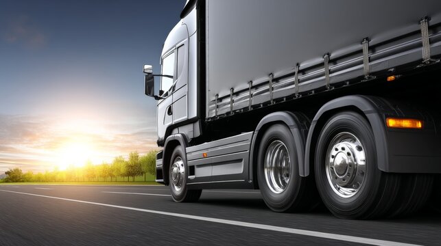 Fototapeta Large black truck driving on highway at sunset with a clear sky and open road