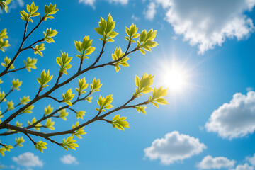 Fresh Green Leaves Budding on Tree Branches Against Bright Blue Sky with Sunshine and Fluffy Clouds in Spring