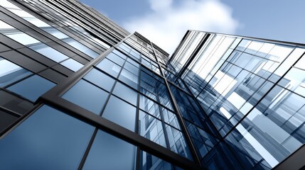 Obraz premium Modern glass skyscraper viewed from below with a clear sky background