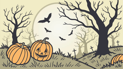 Haunted Pumpkin Patch Vector – Spooky Trees, Flying Crows, Bats & Scary Cat Under Moonlight