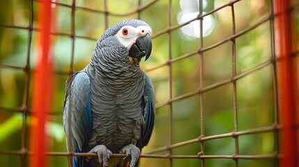 Nice Congo African grey parrot in cage at zoo, nature, wild life birds