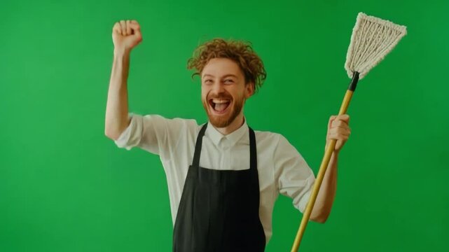 Triumphant Janitor with Mop: A spirited janitor, sporting a black apron and a beaming expression, proudly holds aloft a mop against a vibrant green backdrop, exuding a sense of joy and accomplishment.