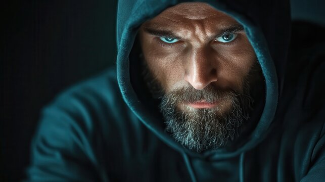 A close-up portrait captures the intense gaze of a man in a dark hoodie, showcasing sharp facial features and a strong presence in low light that evokes powerful emotions.
