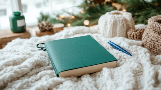 A green journal rests on a cozy knitted blanket, surrounded by warm decor and festive lights, evoking feelings of comfort, warmth, and peaceful reflection during winter.