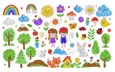 Colorful doodle artwork with happy children, animals, trees, flowers, and playful nature elements, perfect for themes of childhood, creativity. Hand drawn vector illustration isolated on white