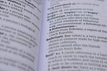 Close Up Of English Dictionary Page With Word - Bohriumianism