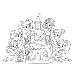 Coloring page of children building sandcastle on beach summer vacation activity outline art on transparent background