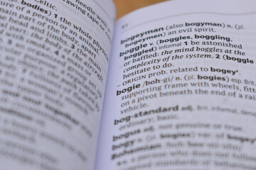 Close Up Of English Dictionary Page With Word - Bogie