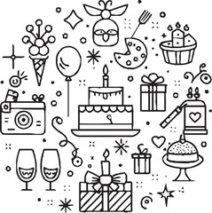 
A festive line art illustration featuring birthday-themed icons such as a cake, balloons, gifts, party hats, champagne glasses, fireworks, and decorations, all arranged in a circular layout.