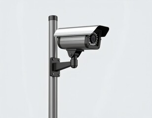 3D icon of a CCTV camera mounted on a pole, silver and black design, urban surveillance element, isolated on soft neutral background