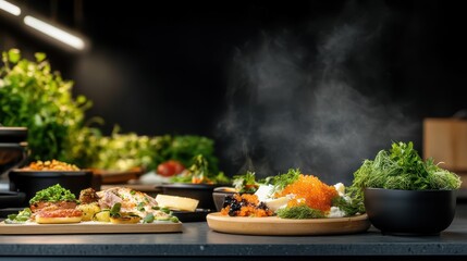 An array of elegantly presented dishes on a modern kitchen counter showcases culinary artistry and preparation, perfect for food enthusiasts and aspiring chefs alike.