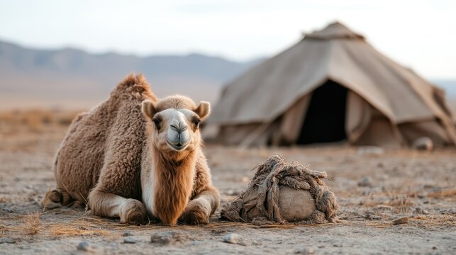 A peaceful camel lies comfortably in a vast desert landscape, embodying tranquility and resilience in nature against a backdrop of rugged mountains and nomadic living.