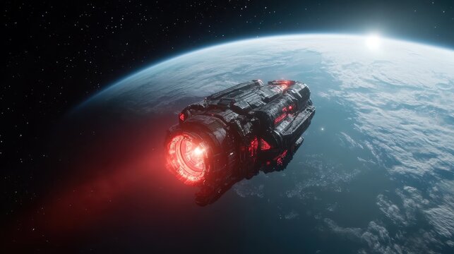 A sleek, futuristic spacecraft with glowing red lights glides through the cosmos, showcasing advanced technology against the backdrop of our beautiful planet Earth.