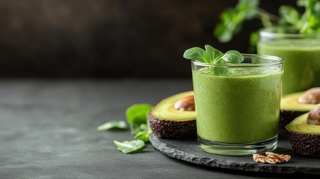 A refreshing green smoothie made with avocado, served in a glass with a garnish, highlights the appeal of healthy eating and wellness in a modern setting.
