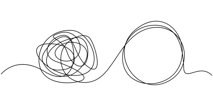 Mindfulness Idea Concept Doodle. Hand Drawn Symbol Vector, Chaotically tangled line and untied knot in form of circle. Unravels chaos and mess difficult situation. Psychotherapy concept of solving
