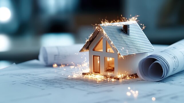 A captivating miniature house model shines brightly with sparkling lights against a backdrop of architectural blueprints, symbolizing dreams of homeownership and design.