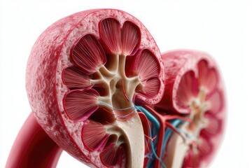 Crosssection anatomical kidney model showing internal structures and textures