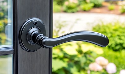 A close up photograph of a dark colored door handle