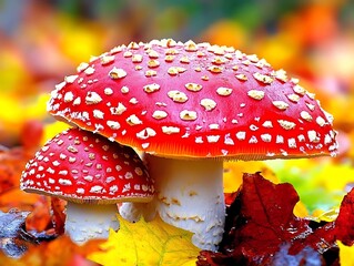 Two red mushrooms are shown in a vibrant autumn setting