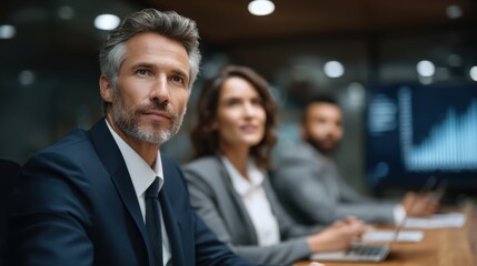 Focused businessman attends corporate meeting with data insights showing teamwork and collaborative environment in modern office setting professional leadership