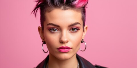 Fototapeta premium Vibrant punk fashion portrait: bold pink and black hairstyle with leather jacket