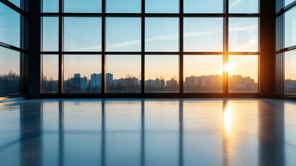 Fototapeta premium A serene sunset scene viewed through expansive windows, capturing a warm golden light reflecting off polished floors and evoking tranquility and peace in a living space.