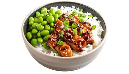Teriyaki Chicken And Edamame Rice Bowl isolated on transparent background.