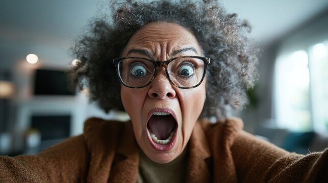 A close-up of a woman with curly hair, displaying a range of intense emotions by screaming, capturing raw human feelings like surprise, anger, and frustration.