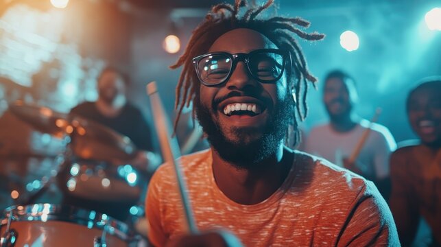 A joyful drummer energetically plays in a vibrant live music setting, surrounded by fellow musicians, capturing the electrifying atmosphere of performance and camaraderie in artistry. - Powered by Adobe