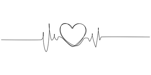 Continuous one line drawing of heart beat pulse line with love shape. Heart care in single line draw illustration. Editable stroke, Heartbeat Continuous Line Art Illustration, Illustration of a heart