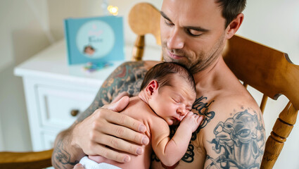 A proud father with tatoo cradles his sleeping newborn, showcasing a peaceful moment in a warmly lit room decorated with personal touches. Generative AI.