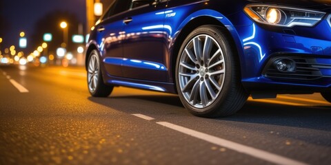 Fototapeta premium Sleek blue car on city street at night with striking headlights