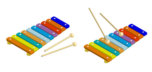 Isometric Xylophone musical instrument of percussion idiophones. Xylophone made of plates and percussion sticks top view. aerial view. Realistic 3D vector concept isolated on white background