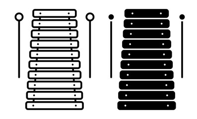 Linear icon. Xylophone musical instrument of percussion idiophones. Xylophone made of plates of varying lengths and percussion sticks. Simple black and white vector isolated on white background
