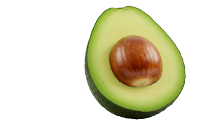 Close-up of a ripe avocado cut in half with a visible seed on black background