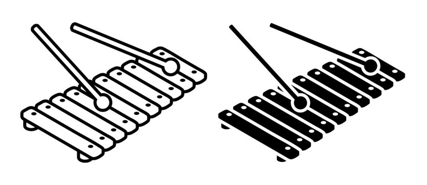 Linear icon, isometric xylophone musical instrument of percussion idiophones. Xylophone made of plates. Simple black and white top view vector isolated on white background