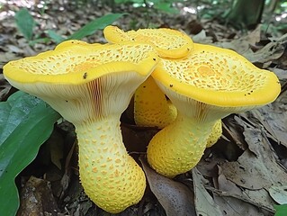 A cluster of vibrant yellow mushrooms growing on the forest floor
