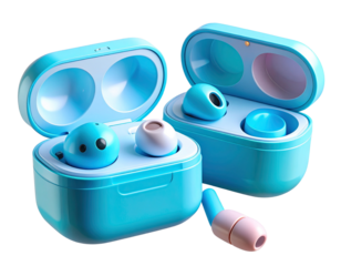 Wireless earbuds, floating, transparent background.