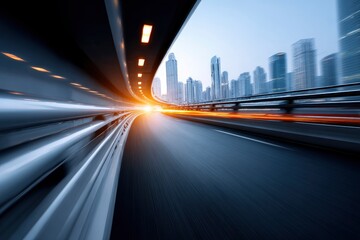 Fastmotion image of a road curving under a tunnel leading towards a city skyline under a muted sky