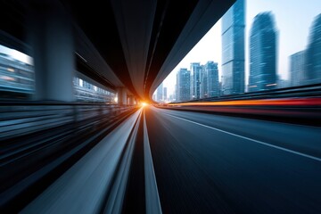 Fastmotion road view under a bridge with skyscrapers in the background