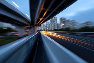 Fastmotion view of a highway with city buildings in the background and streaking lights