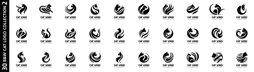 Set of abstract black cat logos in minimalist vector style. Perfect for pet brands, identity, emblem design, or animal-themed businesses.