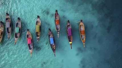 Colorful long tail boats drift peacefully upon vibrant turquoise ocean. Breathtaking aerial view captures essence of tropical travel and serene paradise experience under bright sky