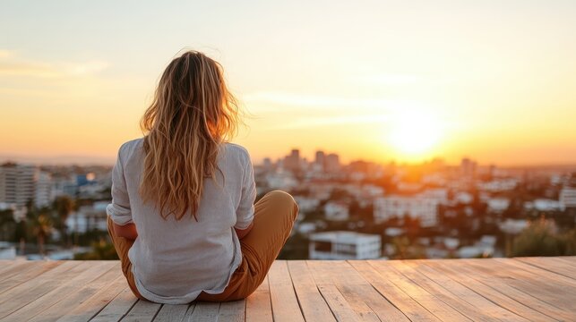 A serene image of a woman sitting and gazing at a stunning sunset view over a city skyline captures the essence of tranquility, reflection, and appreciation of nature's beauty.