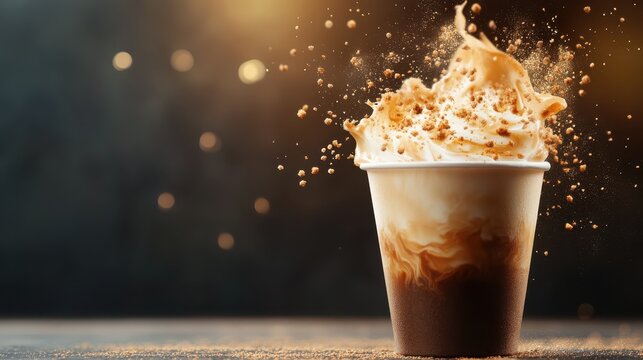 An enticing splash of coffee topped with whipped cream and spices, beautifully captured to highlight the richness and indulgence of this popular beverage in a dramatic flair.